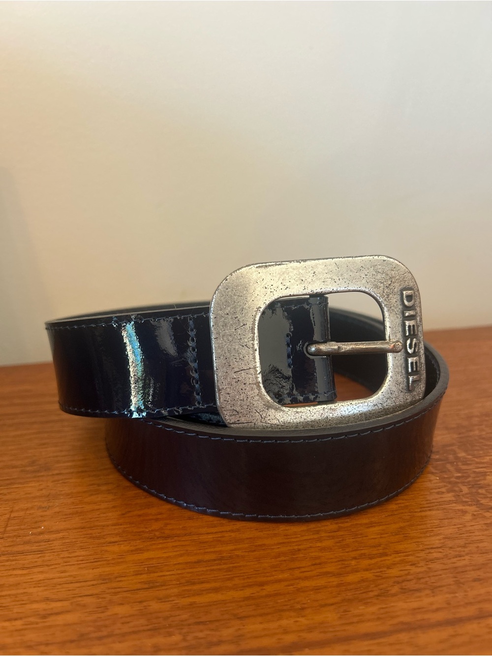 Diesel Y2K Patent Leather Belt Brushed Silver Logo Buckle Black/Dark Blue Strap